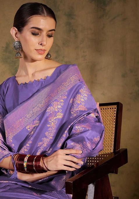 Lavender Embroidered Silk Saree Set