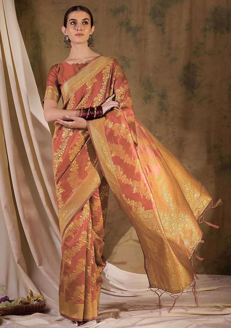 Peach Silk Blend Saree Set with Embroidered for Diwali | Wedding & Festive Wear - Indya