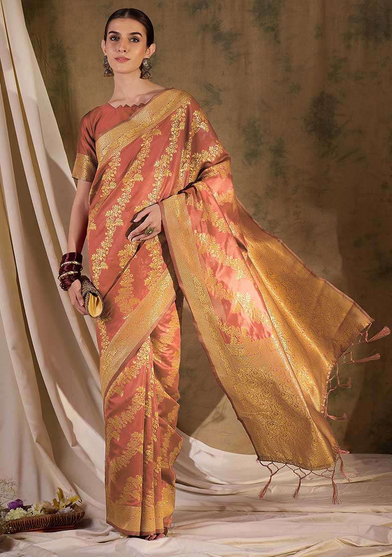 Peach Silk Blend Saree Set with Embroidered for Diwali | Wedding & Festive Wear - Indya