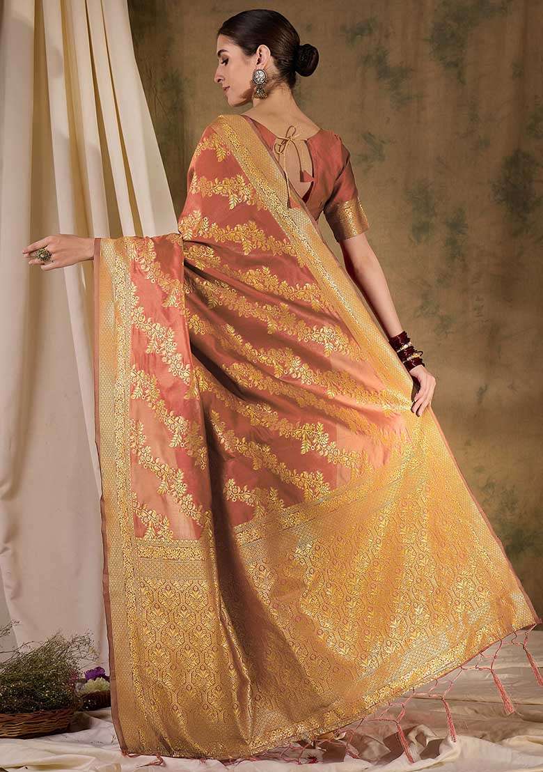 Peach Silk Blend Saree Set with Embroidered for Diwali | Wedding & Festive Wear - Indya