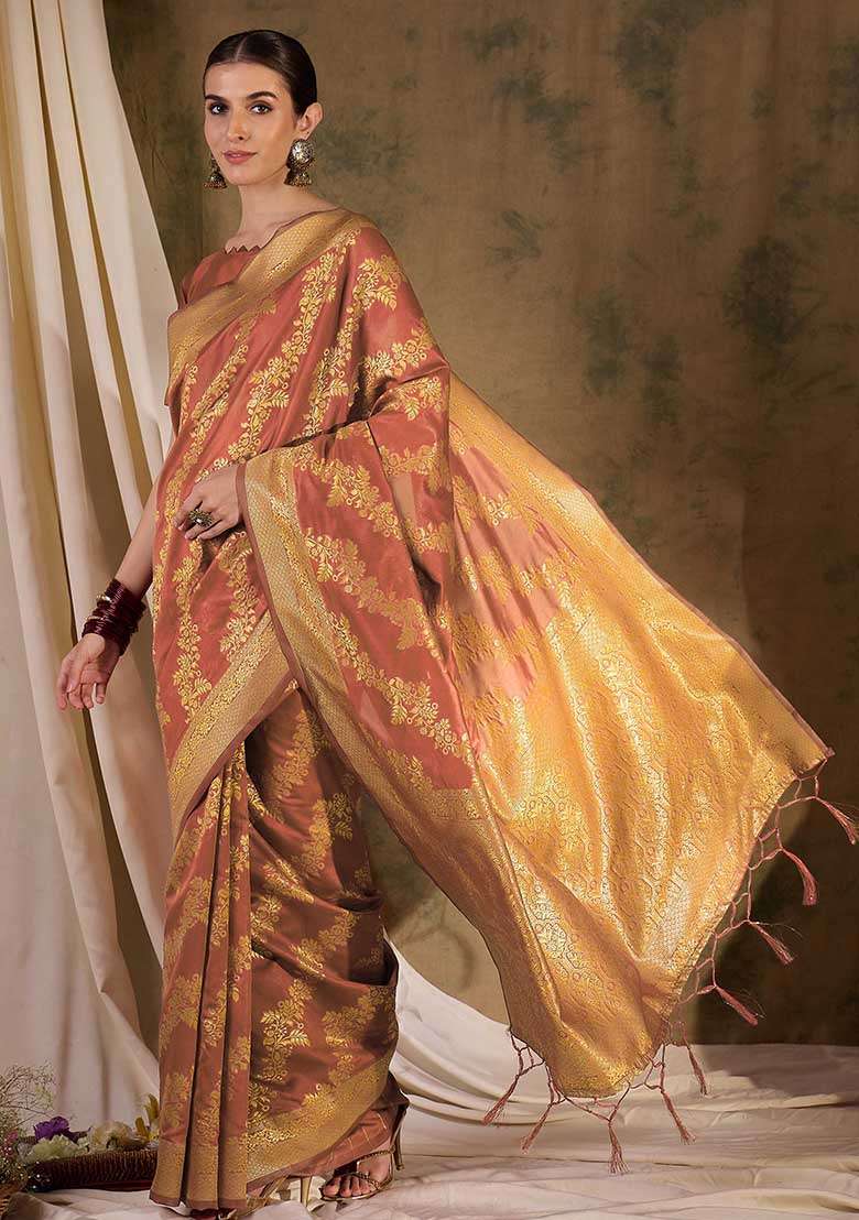 Peach Silk Blend Saree Set with Embroidered for Diwali | Wedding & Festive Wear - Indya