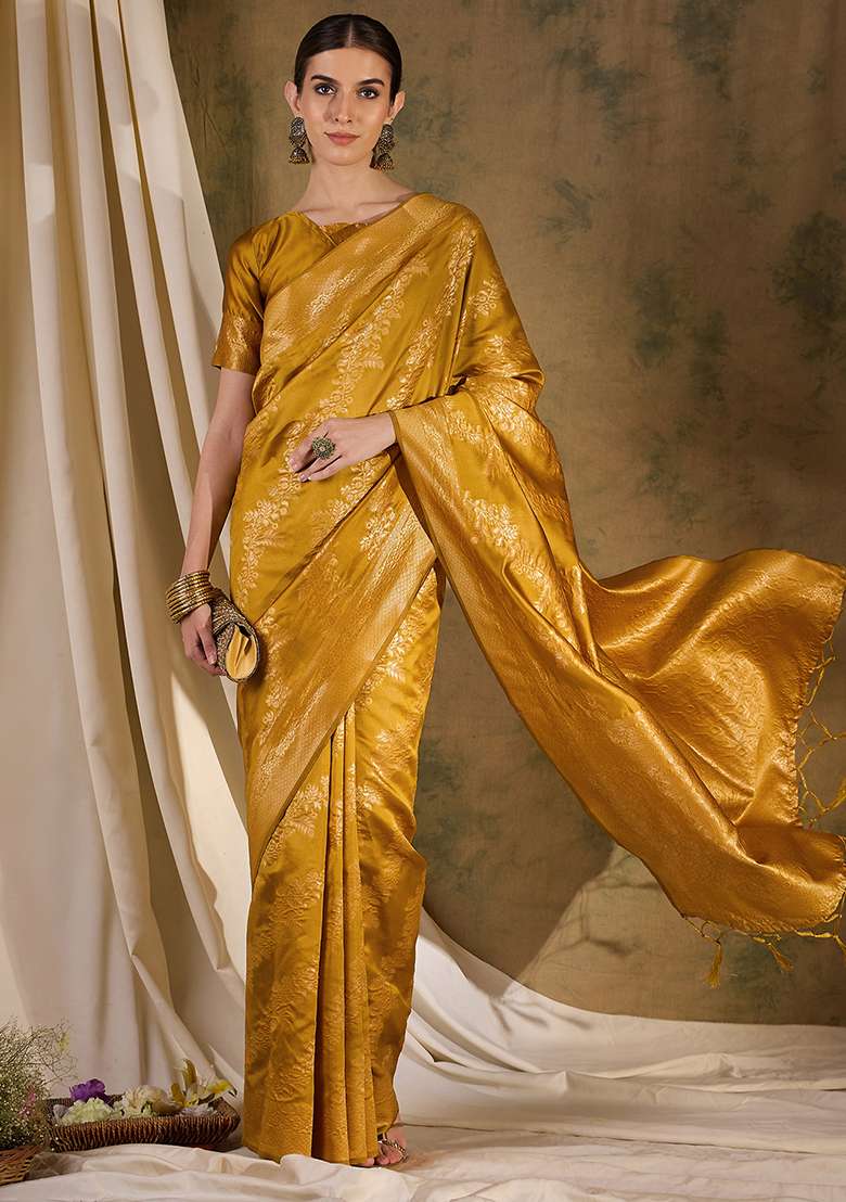 Mustard Embroidered Silk Blend Saree Set for Diwali and Festive Wear - Indya