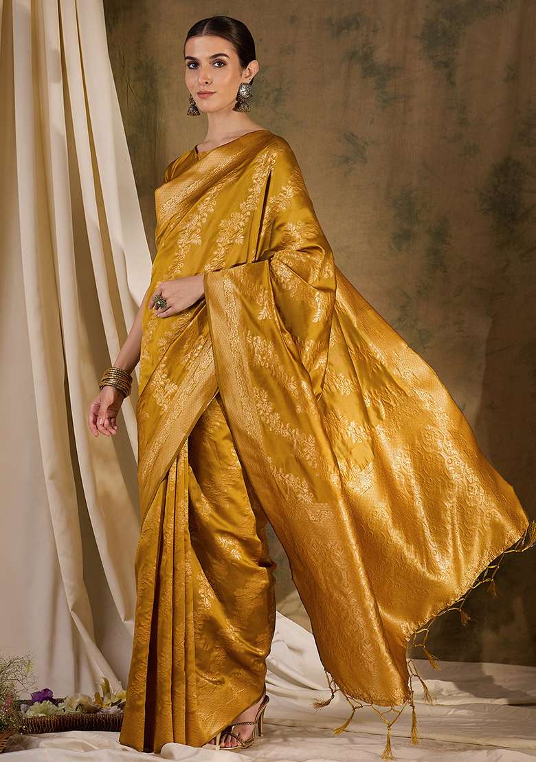 Mustard Embroidered Silk Blend Saree Set for Diwali and Festive Wear - Indya