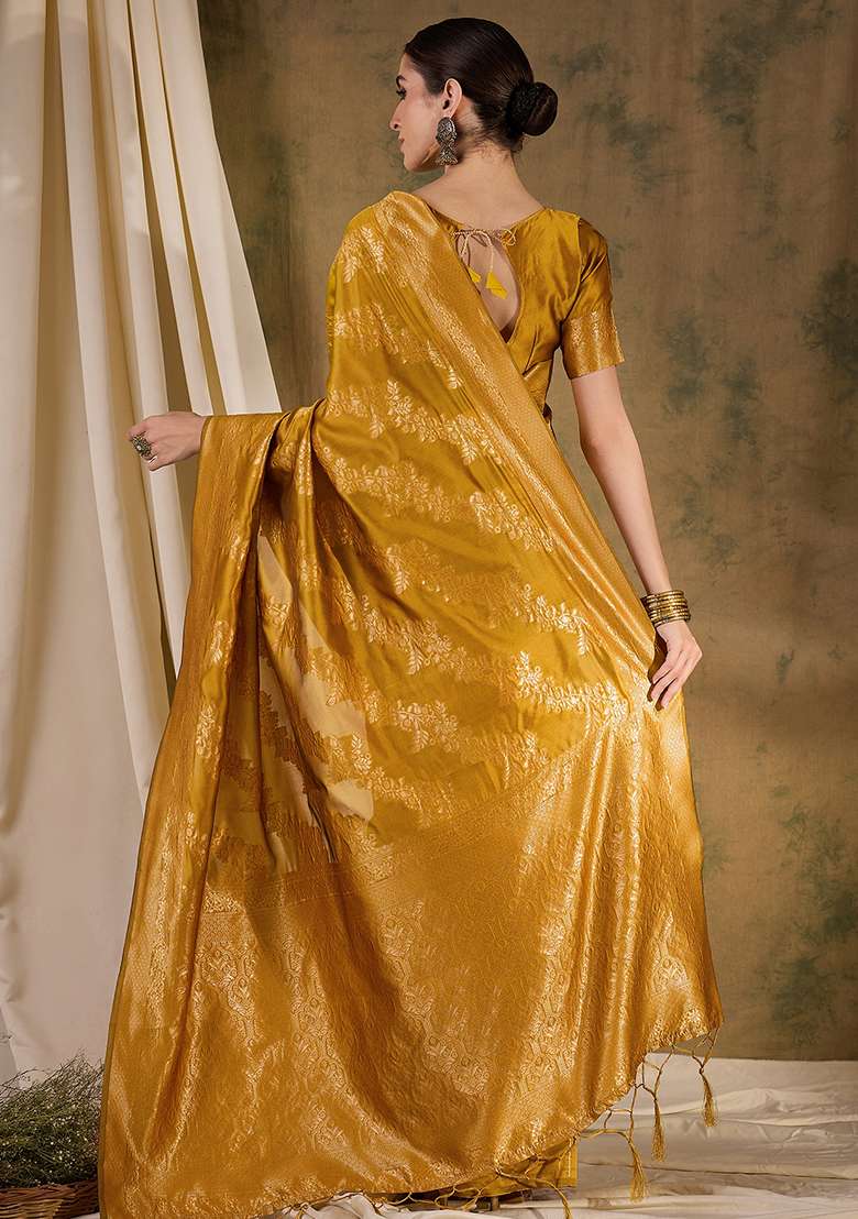 Mustard Embroidered Silk Blend Saree Set for Diwali and Festive Wear - Indya