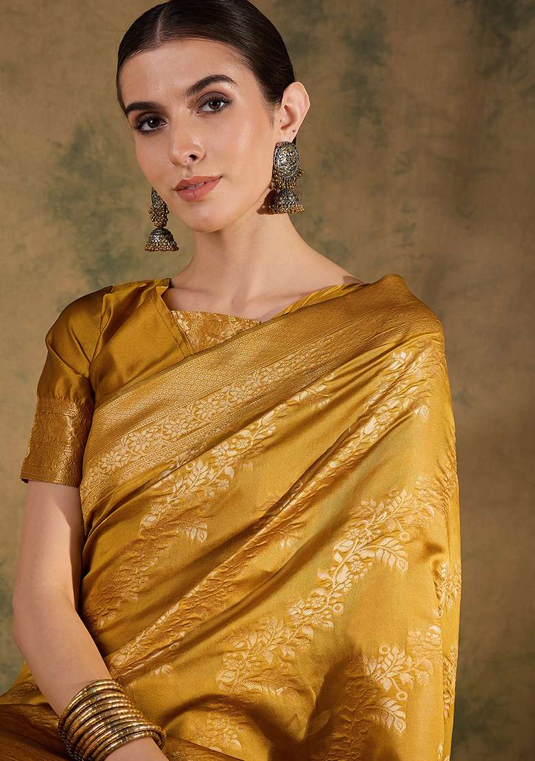 Mustard Embroidered Silk Blend Saree Set for Diwali and Festive Wear - Indya