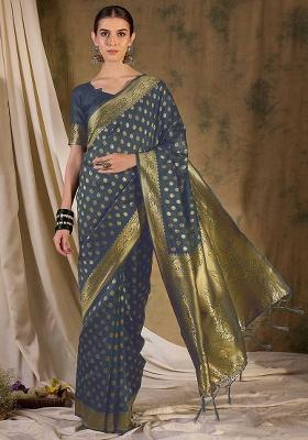 Grey Embroidered Silk Saree Set