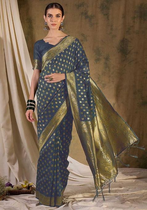 Grey Embroidered Silk Saree Set