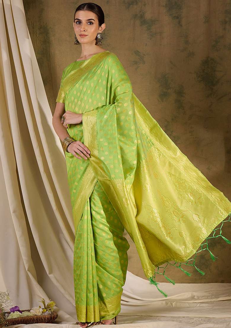 Pista Green Embroidered Silk Blend Saree Set for Diwali and Festive Wear - Indya