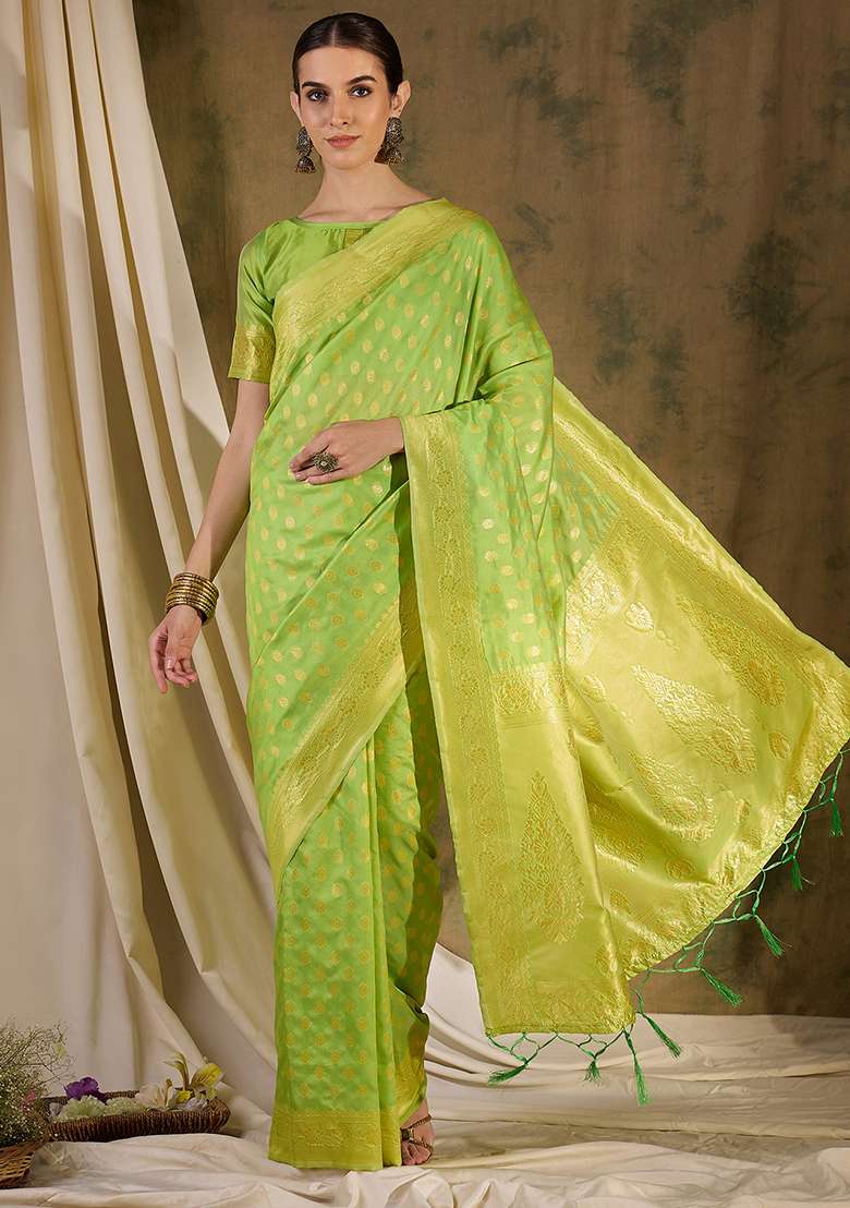 Pista Green Embroidered Silk Blend Saree Set for Diwali and Festive Wear - Indya