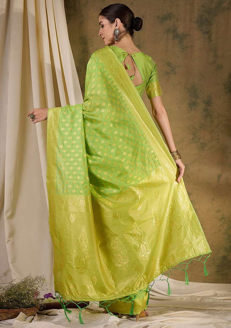 Pista Green Embroidered Silk Blend Saree Set for Diwali and Festive Wear - Indya