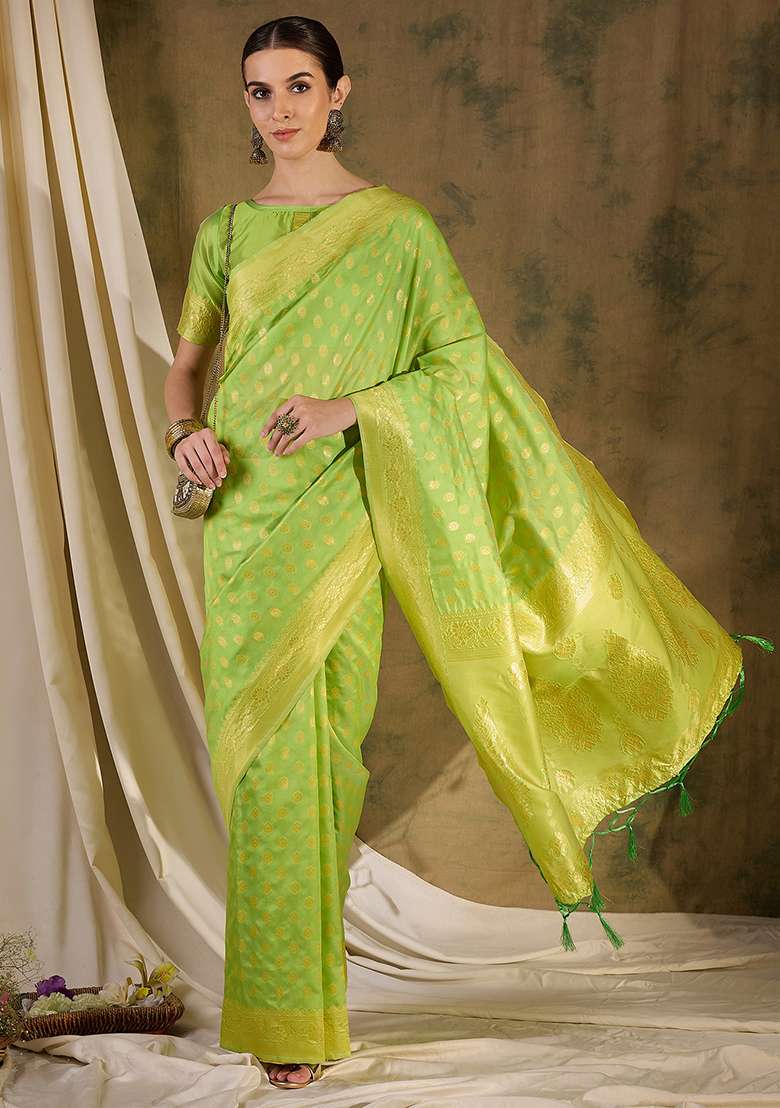 Pista Green Embroidered Silk Blend Saree Set for Diwali and Festive Wear - Indya