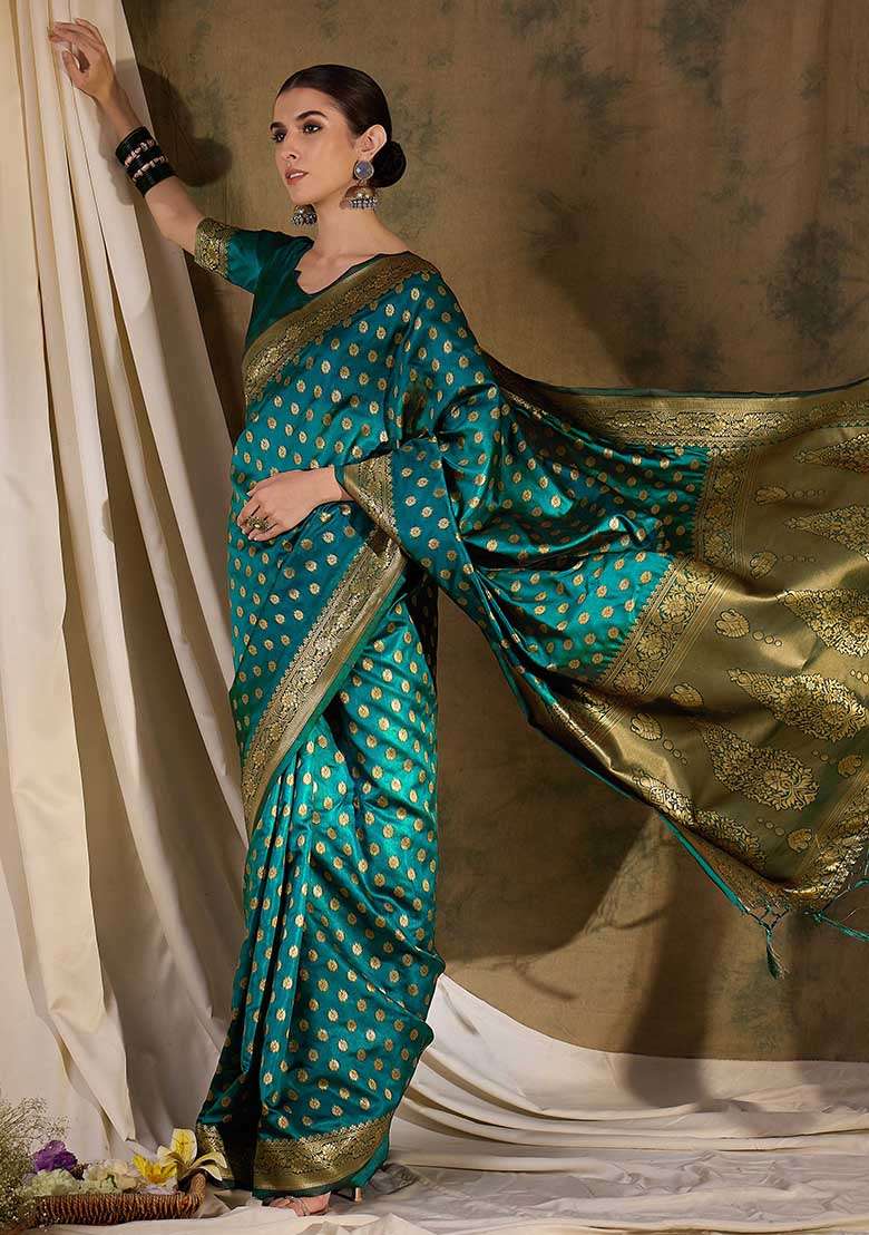 Teal Silk Blend Saree Set with Embroidered for Diwali | Wedding & Festive Wear - Indya