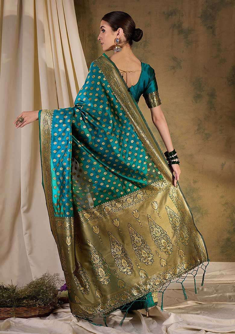 Teal Silk Blend Saree Set with Embroidered for Diwali | Wedding & Festive Wear - Indya