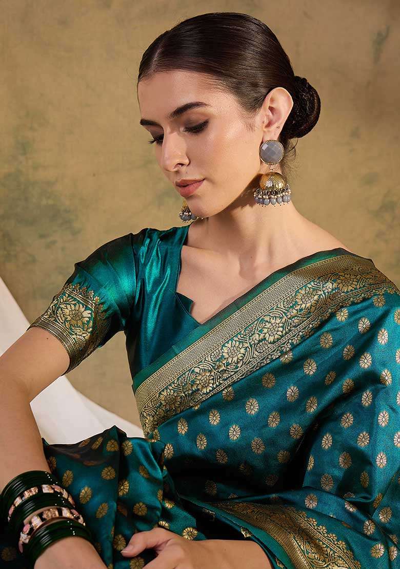 Teal Silk Blend Saree Set with Embroidered for Diwali | Wedding & Festive Wear - Indya