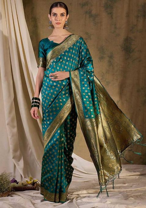 Teal Embroidered Silk Saree Set