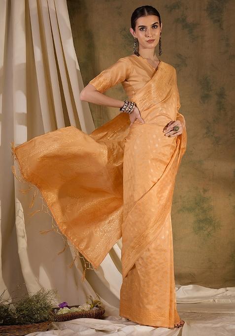 Cream Embroidered Silk Saree Set