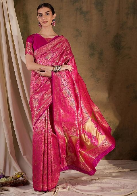 Pink Embroidered Silk Saree Set