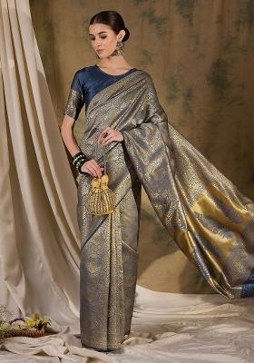 Grey Embroidered Silk Saree Set
