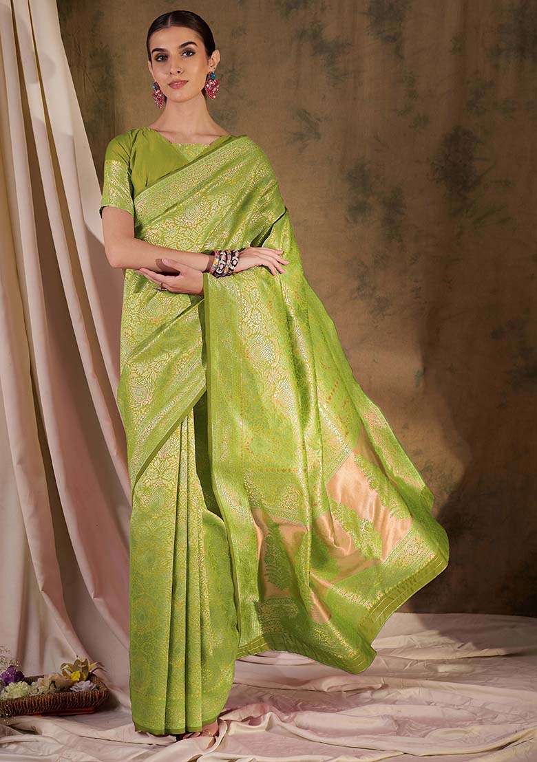Pista Green Embroidered Silk Blend Saree Set for Diwali and Festive Wear - Indya