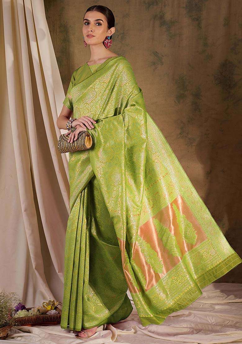 Pista Green Embroidered Silk Blend Saree Set for Diwali and Festive Wear - Indya
