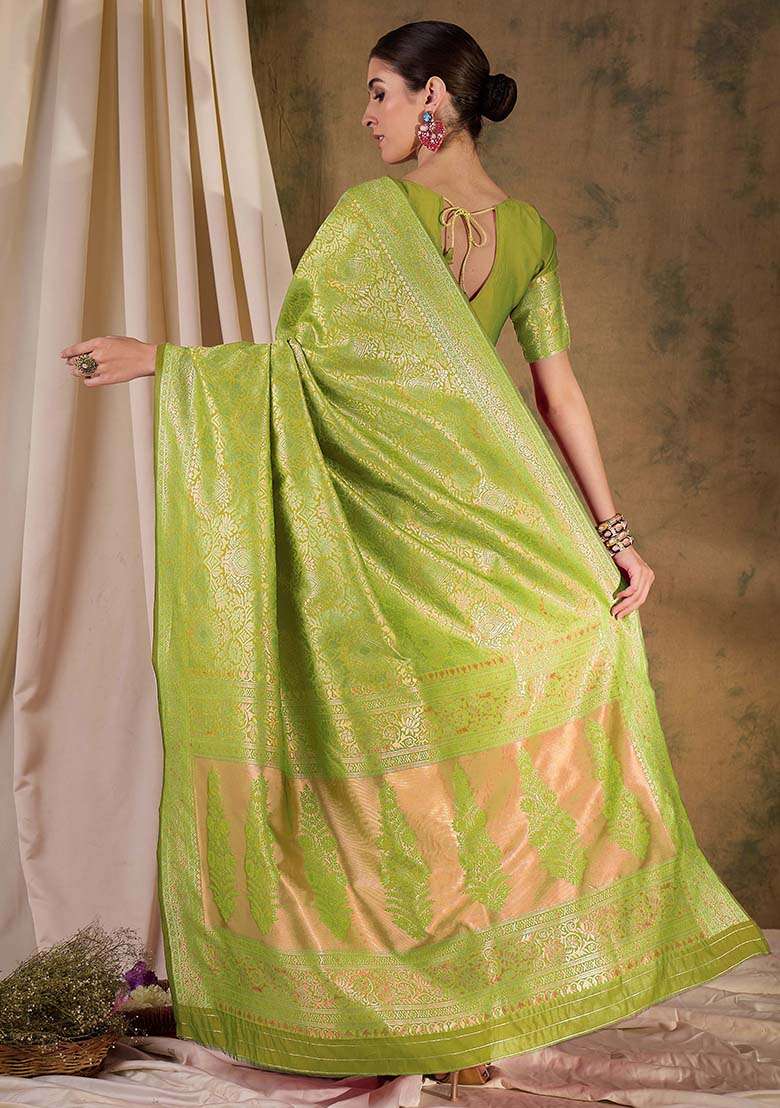 Pista Green Embroidered Silk Blend Saree Set for Diwali and Festive Wear - Indya
