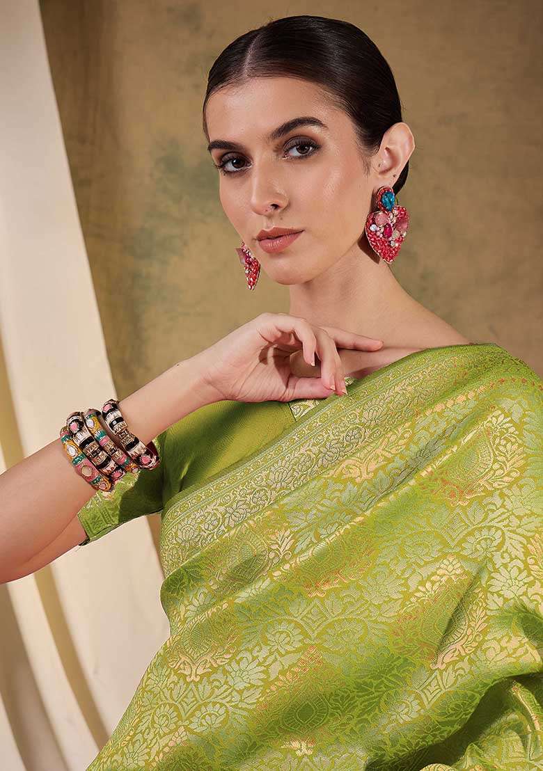 Pista Green Embroidered Silk Blend Saree Set for Diwali and Festive Wear - Indya