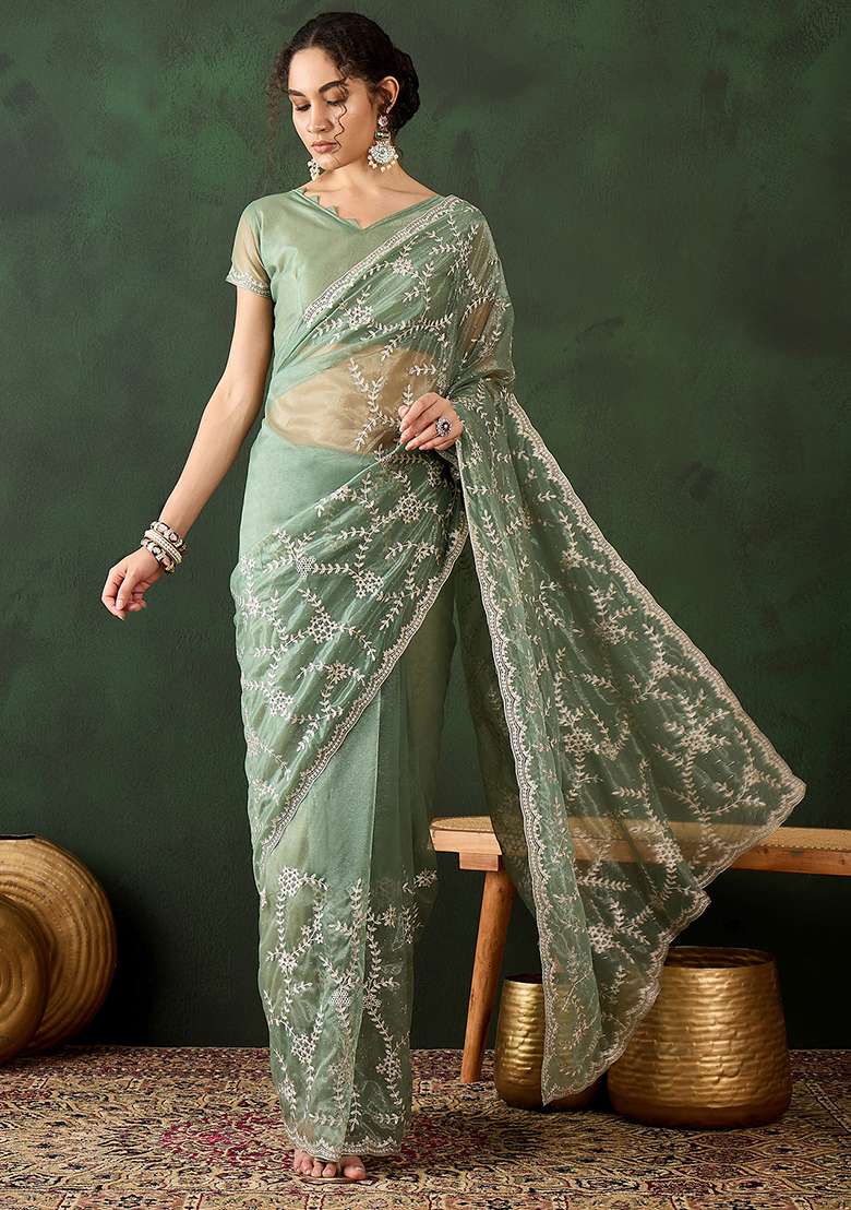 Sea Green Simmer Saree Set with Embroidered for Diwali | Wedding & Festive Wear - Indya
