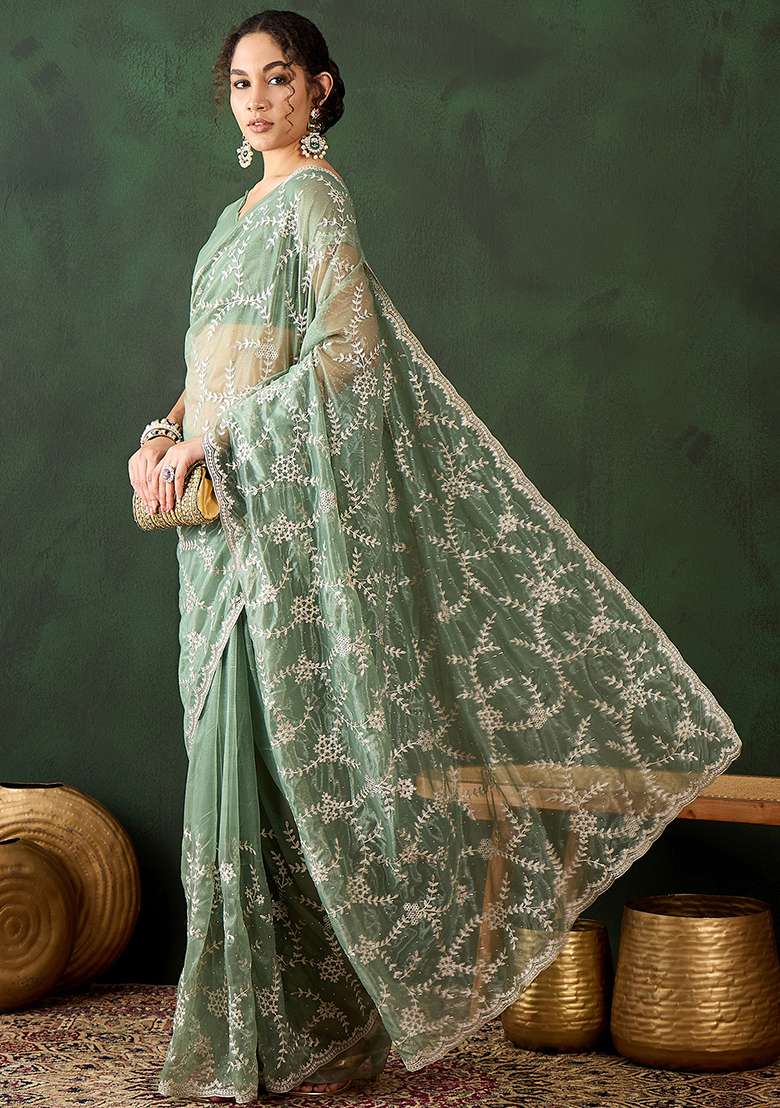 Sea Green Simmer Saree Set with Embroidered for Diwali | Wedding & Festive Wear - Indya