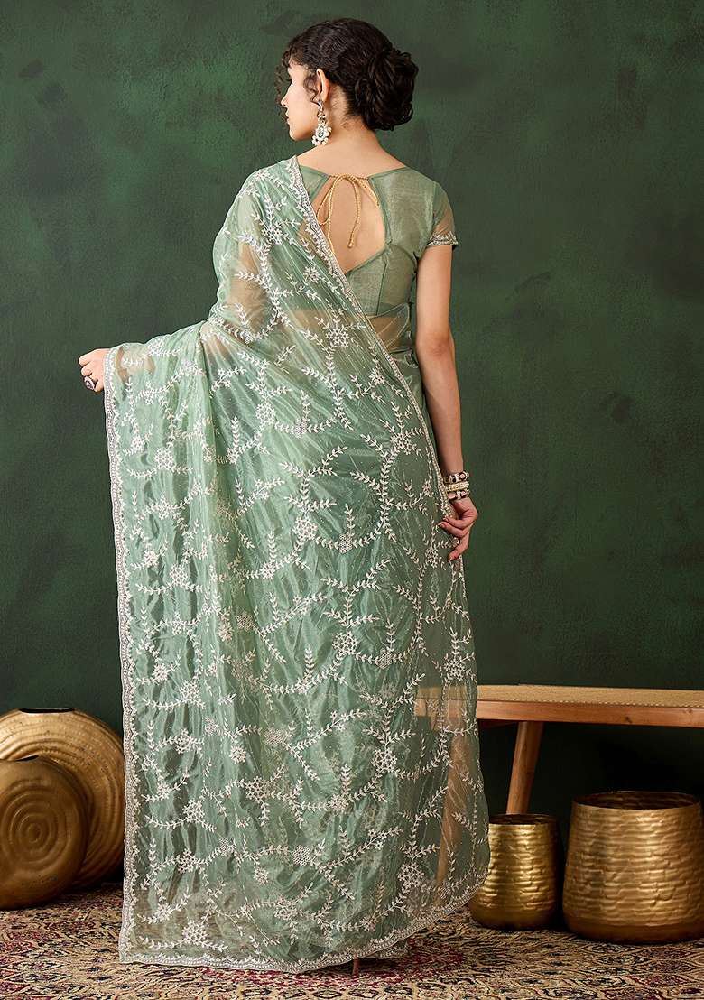 Sea Green Simmer Saree Set with Embroidered for Diwali | Wedding & Festive Wear - Indya