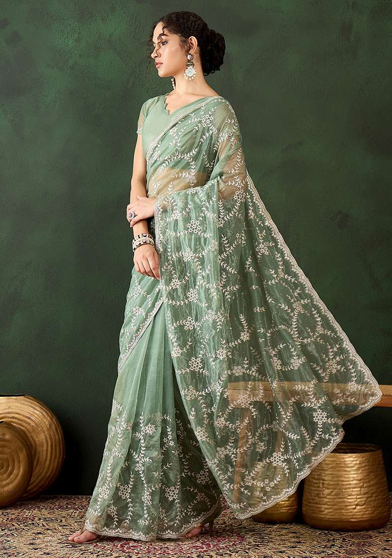Sea Green Simmer Saree Set with Embroidered for Diwali | Wedding & Festive Wear - Indya