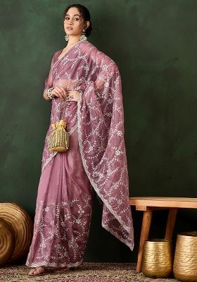 Pink Embroidered Simmer Saree Set