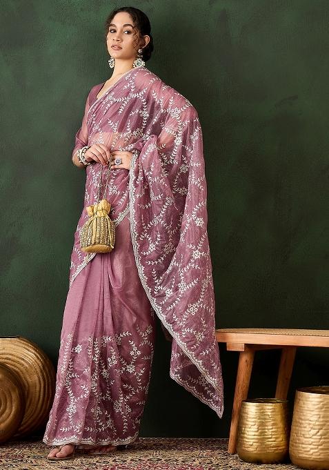 Pink Embroidered Simmer Saree Set