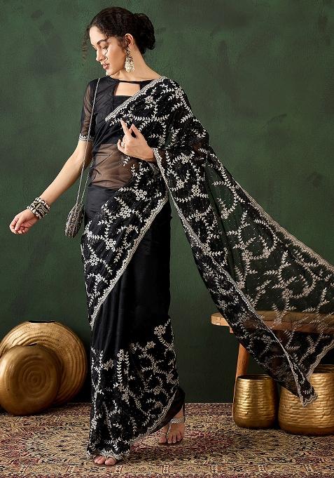 Black Embroidered Simmer Saree Set