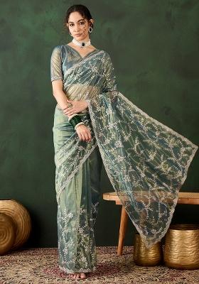 Teal Embroidered Simmer Saree Set