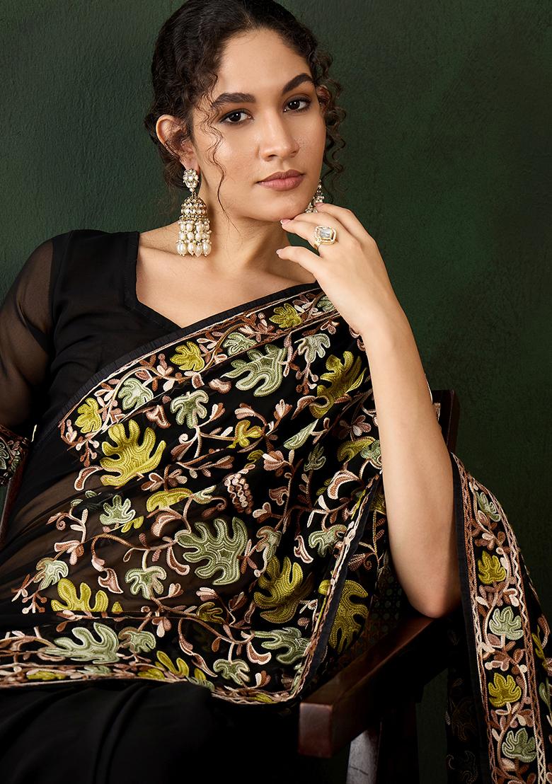 Black Embroidered Georgette Saree Set - Indya