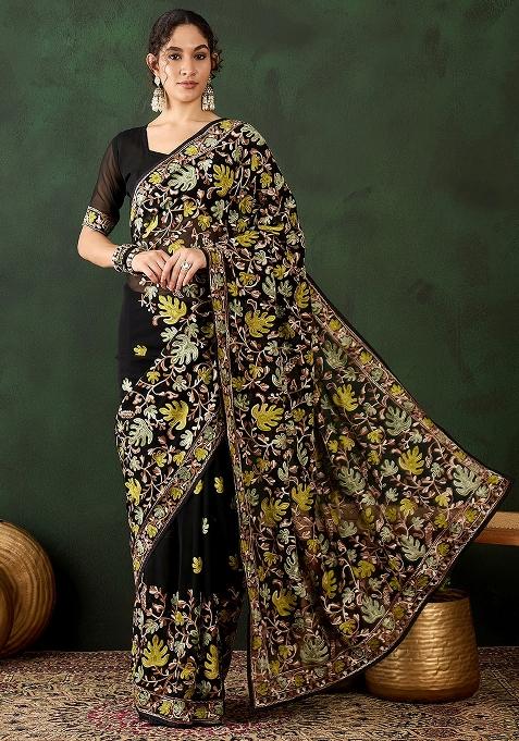 Black Embroidered Georgette Saree Set