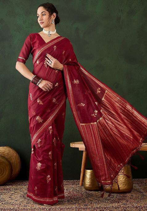 Red Embroidered Silk Saree Set