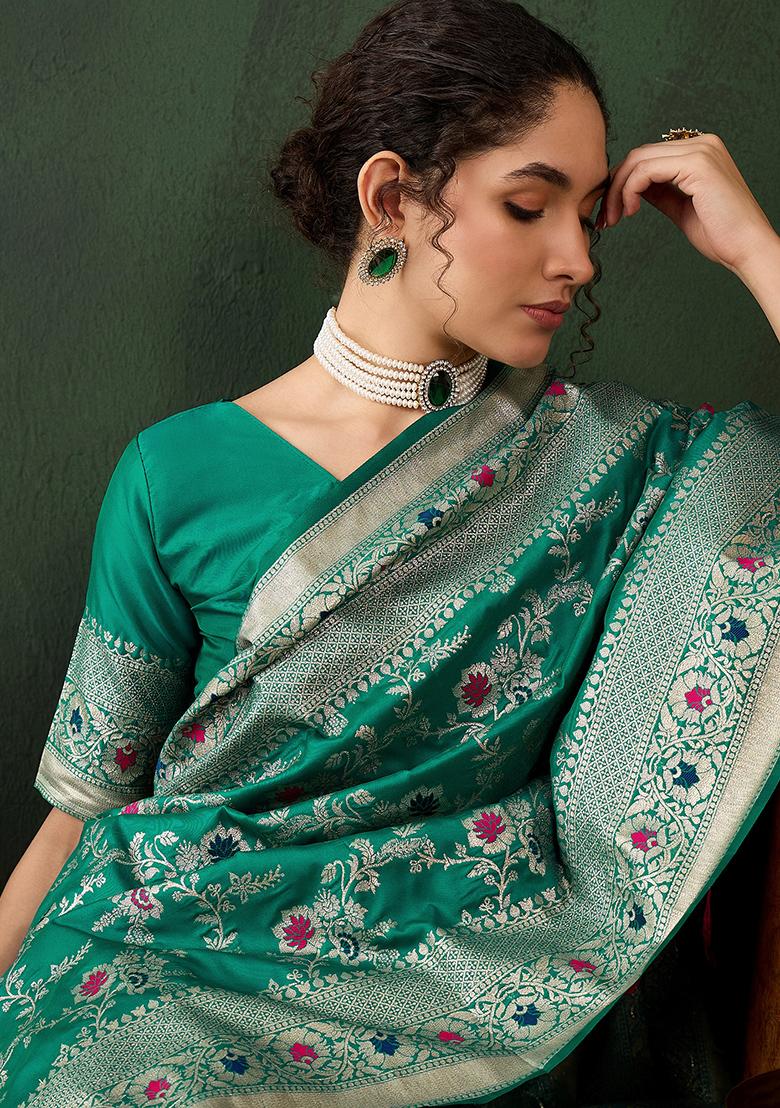Green Embroidered Silk Saree Set - Indya