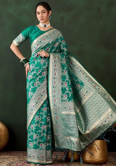 Green Embroidered Silk Saree Set