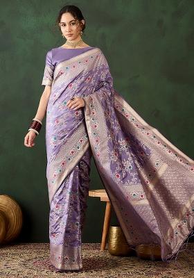 Lavender Embroidered Silk Saree Set