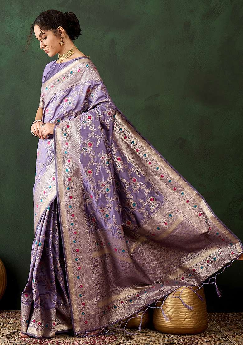 Lavender Embroidered Silk Saree Set - Indya