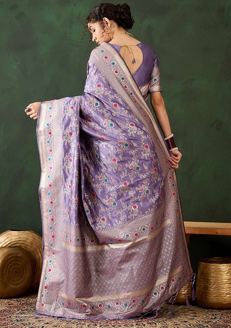 Lavender Embroidered Silk Saree Set - Indya