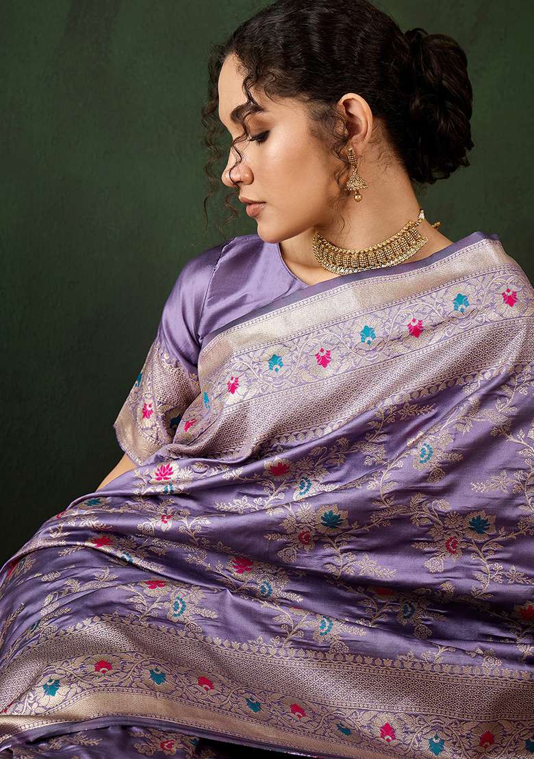 Lavender Embroidered Silk Saree Set - Indya
