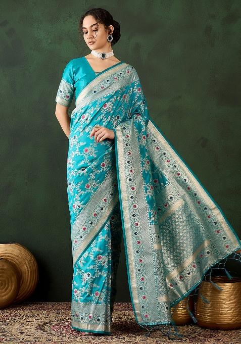 Teal Embroidered Silk Saree Set