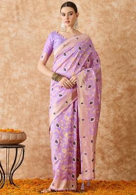 Lavender Embroidered Silk Saree Set