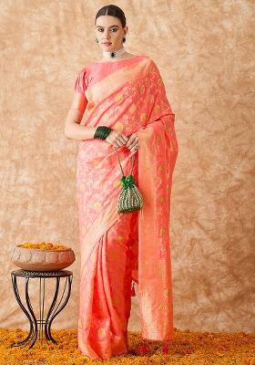 Peach Embroidered Silk Saree Set