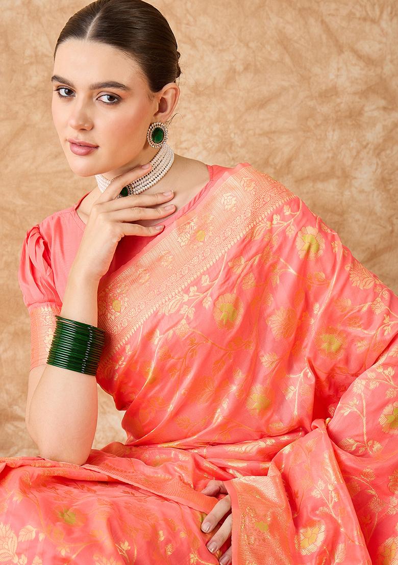 Peach Embroidered Silk Saree Set - Indya