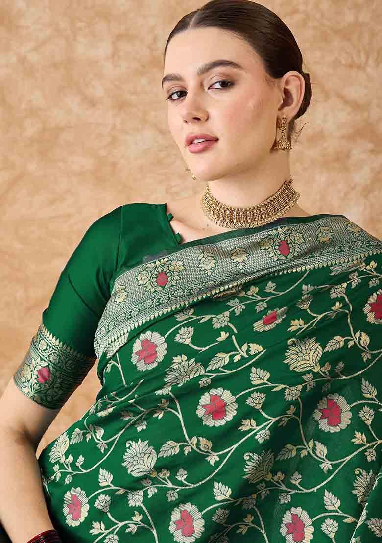 Green Embroidered Silk Saree Set - Indya
