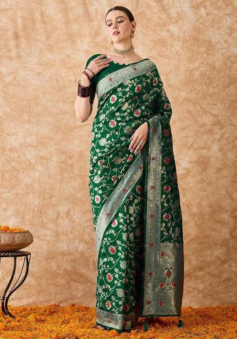 Green Embroidered Silk Saree Set