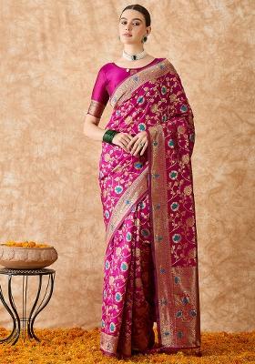 Magenta Embroidered Silk Blend Saree Set